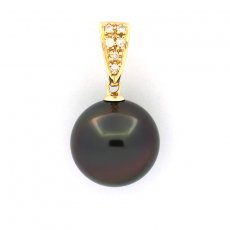 Pendentif en Or 14K + 6 Diamants et 1 Perle de Tahiti Ronde B 11.5 mm