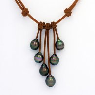 Collier en Cuir et 6 Perles de Tahiti Cerclées C de 9.3 à 10 mm
