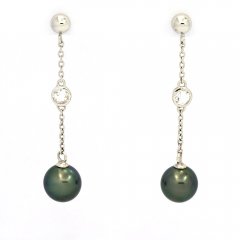 Boucles d'Oreilles en Argent et 2 Perles de Tahiti Semi-Rondes B 9.3 mm
