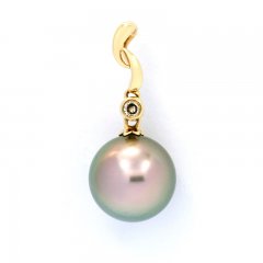 Pendentif en Or 14k + 1 diamant et 1 Perle de Tahiti Ronde A 9.5 mm