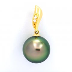 Pendentif en Or 18K + 2 diamants 0.018 carats VS1 et 1 Perle de Tahiti Ronde B 12.6 mm