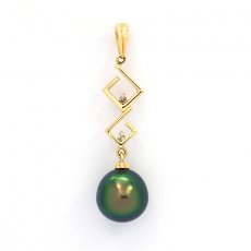 Pendentif en Or 14K + 2 Diamants 0.02 carats VS1 et 1 Perle de Tahiti Semi-Baroque B+ 9.8 mm
