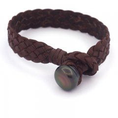 Bracelet en Cuir et 1 Perle de Tahiti Cerclée B 13.5 mm