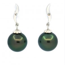 Boucles d'Oreilles en Or 18K + 2 diamants et 2 Perles de Tahiti Rondes A & AB 10.2 mm