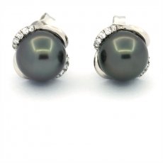 Boucles d'Oreilles en Argent et 2 Perles de Tahiti Rondes C 8.6 mm