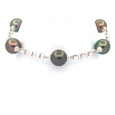 Bracelet en Argent et 5 Perles de Tahiti Rondes C 9.6 à 9.9 mm