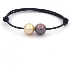 Bracelet en Cuir, 1 Perle de Tahiti et 1 Perle d'Australie Rondes B 11.5 mm
