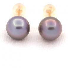 Boucles d'Oreilles en Or 18K et 2 Perles de Tahiti Rondes B 9.1 mm