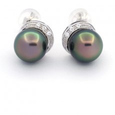 Boucles d'Oreilles en Argent et 2 Perles de Tahiti Semi-Rondes C 9.5 mm