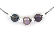 Collier en Argent et 3 Perles de Tahiti Semi-Baroques B/C de 10.1 à 10.6 mm